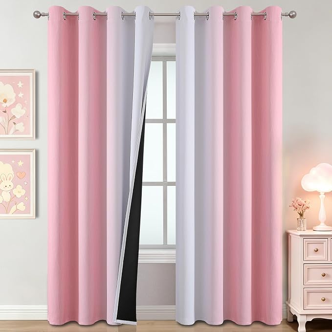 Pink and Greyish White Ombre Blackout Curtains for Bedroom 52x84 Inch Long | Estelar Textiler Kids/Girls Room Darkening Curtains,Thermal Insulated Grommet Window Drapes for Living Room/Nursery,2 Panels