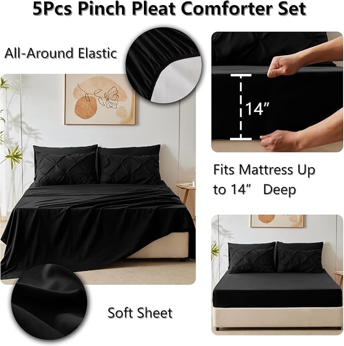 Twin XL Comforter Set Black, 5 Pieces Pintuck Bed in a Bag | College Dorm Essentials, OEKO-TEX 100 Certified, 240GSM All Season, Down-Alternative Comforter, Sheets, Pillowcase & Sham