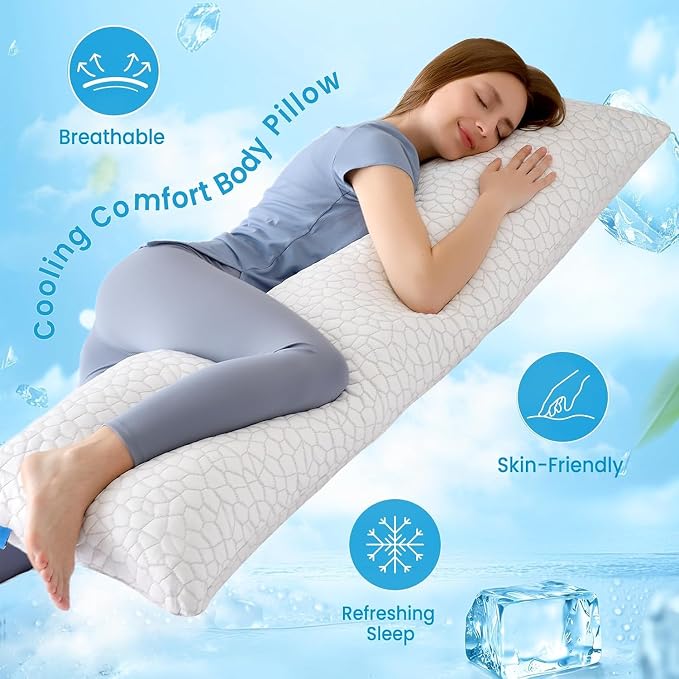 QUTOOL Cooling Pillow for Sleeping, CertiPUR-US Shredded Memory Foam Full Body Pillow Set of 1, Long Pillow for Bed with Removable Double-Sided Soft & Cool Cover, Soft Yet Support,White