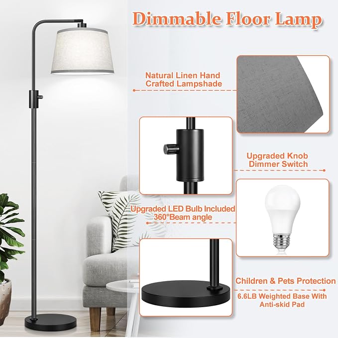 【Upgraded】 Dimmable Floor Lamp, 1000 Lumens LED Edison Bulb Included, Arc Floor Lamps for Living Room Modern Standing Lamp with Gray Shade, Tall Lamps for Living Room Bedroom Office Dining Room
