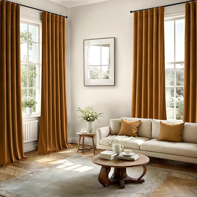 MIULEE Velvet Curtains 50W x 90L 2 Panels Golden Brown Blackout Curtains | Luxury velvet fabric, pinch pleat design, back tab hooks, thermal insulated, blackout light blocking, for living room bedroom