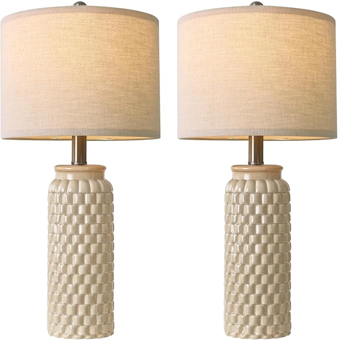 USumkky 24" Modern Ceramic Bedside Lamp Set of 2 for Bedroom Decor Farmhouse Table Lamp for Living Room Office Dorm Cream