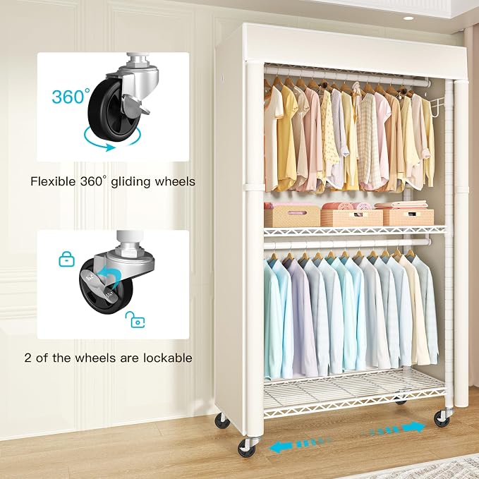 FUTASSI White Clothing Rack with Beige Cover, P1C Rolling Closets | Metal Garment Rack for Hanging Clothes, Clothing Storage Wardrobe, with Wheels