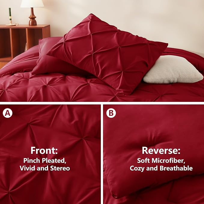 HIMEET Queen Comforter Set Deep Red - 7 Pieces Pintuck Bed in a Bag | OEKO-TEX Certified, 240GSM Down Alternative Comforter, 14" Deep Pocket Fitted Sheet + Flat Sheet + 2 Pillowcases + 2 Shams