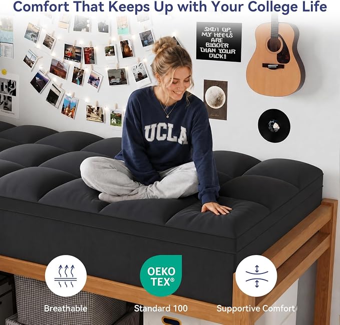 ELEMUSE Twin XL Black Mattress Topper for College Dorm, Thick Pillow Top | Extra long twin mattress pad with deep pocket, plush college dorm room essential for girls & guys, ideal for back to school