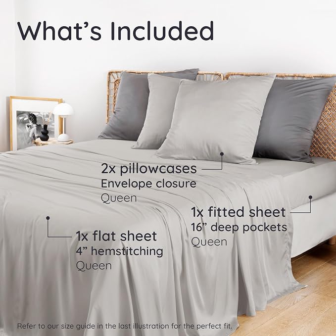 Bambaw Queen Sheet Set – 4pcs 100% Viscose Derived from Bamboo Cooling Sheets Set Queen Size, Cooling Sheet for Night Sweats, Ultra Soft & Breathable, 16'' Deep Pockets (Moonlight Gray)