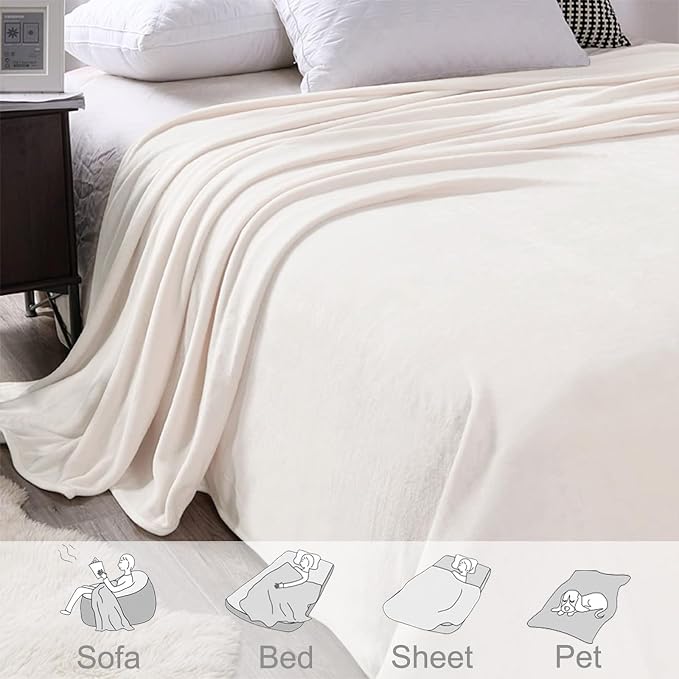 Exclusivo Mezcla Soft Large Fleece Throw Blanket for Couch, Ivory | 50x70 Inches, Double-Sided Brushed Flannel, Lightweight Plush Cozy Blanket for Home Decor, All Season, Machine Washable