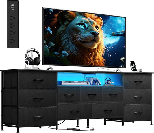 WLIVE Long LED Dresser TV Stand for 85 Inch TV, 11 Drawers, Black | Fits TVs up to 85 inch, 11 fabric drawers, LED chest of drawers, Built-in power outlet, Living room or bedroom