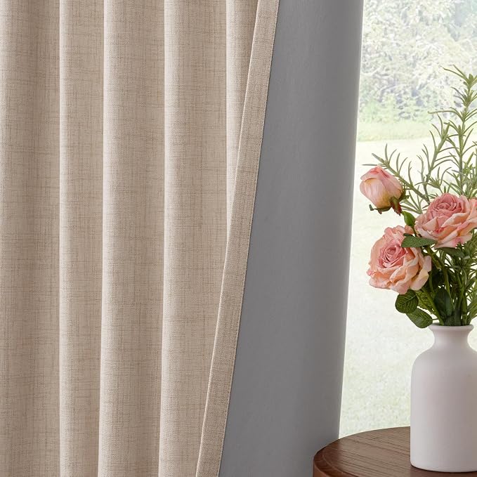 100% Blackout Curtains for Bedroom Oatmeal Linen Look Curtains 80 Inch Long | Black Out Curtains for Living Room 2 Panels, Clip Rings Blackout Drapes, Thermal Insulated Room Darkening, W50xL80