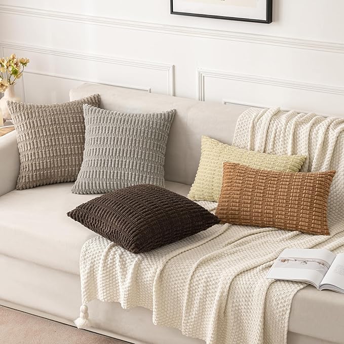 MIULEE Lumbar Corduroy Decorative Throw Pillow Covers 12x20 Brown Pack of 2 | Soft Boho Striped Pillow Covers Modern Farmhouse Fall Home Decor For Sofa Living Room Couch Bed