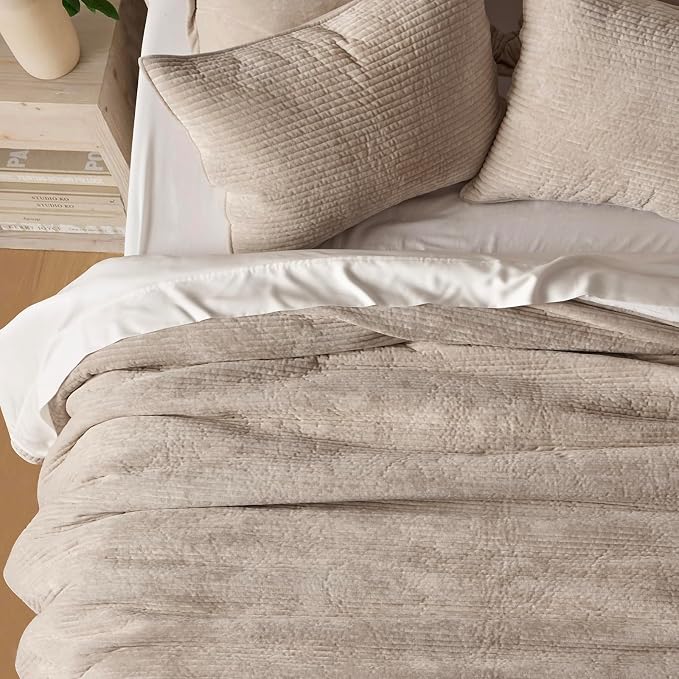 Striped Channel Velvet Quilt Set, King Size, Urban Taupe | Luxurious Soft Lightweight Velvet Comforter, Oversized Bedspread Coverlet, Quilted Bedding Set for All Season, with 2 Shams