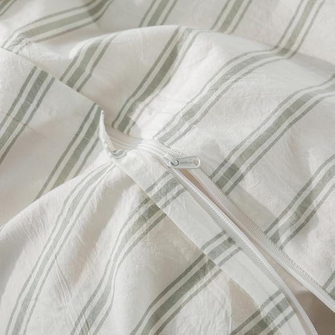 BESTOUCH Striped Cotton Duvet Cover Set Linen Feel Super King | 100% Washed Cotton, Soft Wrinkle Texture, Hidden Zipper, 8 Ties, Breathable Lightweight Durable Comfy, 3 Pcs No Insert