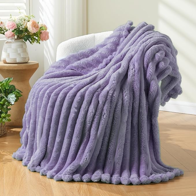 NEWCOSPLAY Fleece Ribbed Cozy Twin Blanket for Couch, Lavender, 60"x80" | Premium Silky Flannel Blanket, Soft Lightweight Fluffy Throw Blanket for Bed Sofa Decor, Gift for All Season Use