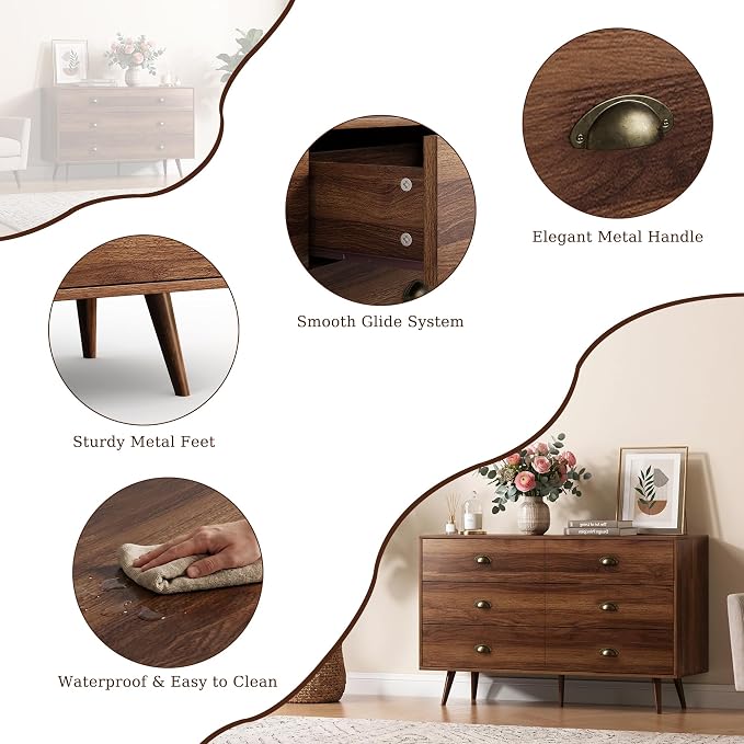 Walnut 6 Drawer Dresser for Bedroom, 47" Wood Dresser with Gold Handles. | Modern Dressers & Chests of Drawers for Living Room, Hallway, Entryway.