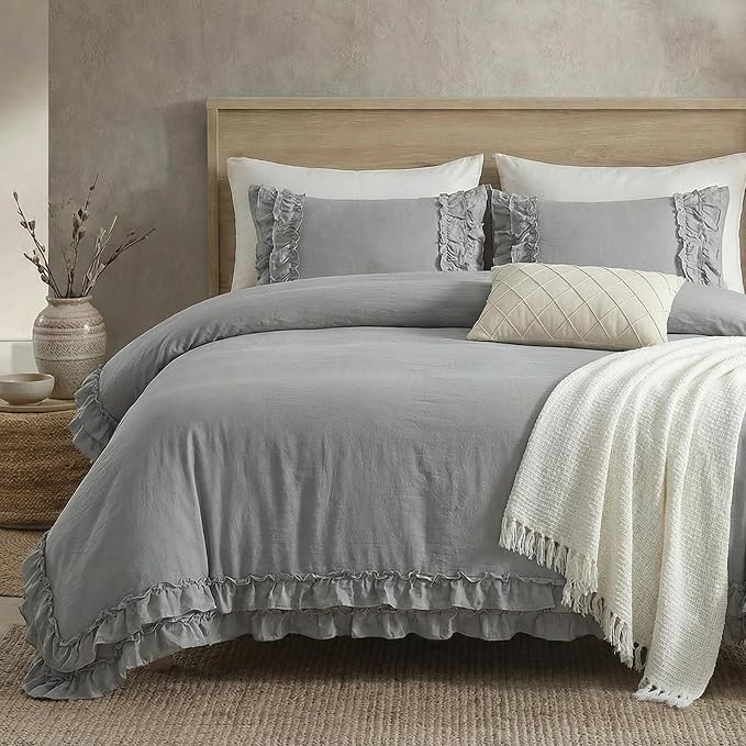 Bedorm Gray King Duvet Cover Set Ruffle Bedding Set Pleat Ruffled Shabby Chic Comforter Cover Extra Soft & Easy Care Gray Boho Duvet Cover with Zipper Closure