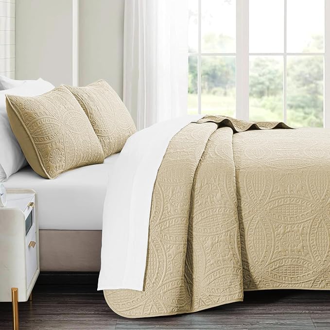 akkialla Twin Quilt Bedding Set,Beige Ultrasonic Quilt Set,Lightweight Soft Bedspread Coverlet,Modern Style Coin Pattern Bed Cover for All Seasons,2 Piece(1 Quilt,1 Pillow Sham)