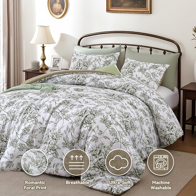 JANZAA Queen Size Comforter Set - Green Peony Floral Shabby Chic Bedding | 3 Piece Cute Floral Bedding for All Season, 1 Soft Fluffy Breathable Microfiber Comforter Set with 2 Pillowcases