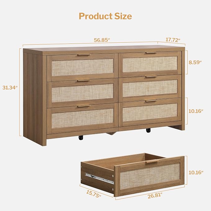 SICOTAS Rattan Dresser for Bedroom, 57" Wide 6 Drawer Dresser | Dressers with Ample Storage, Large Chest of Drawers, Closet, Boho TV Stand for Bedroom, Reclaimed Caramel Oak, 1 Piece
