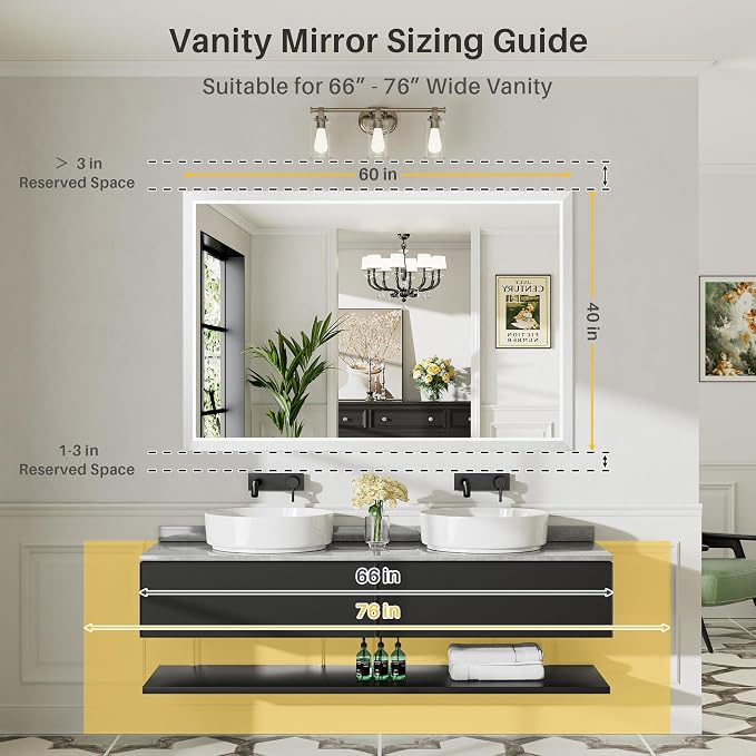 Bathroom Wall Mirror, White Metal Frame, 60x40 Inch | Anti-rust, HD tempered glass, for bathroom vanity, bedroom, living room, horizontal or vertical mount
