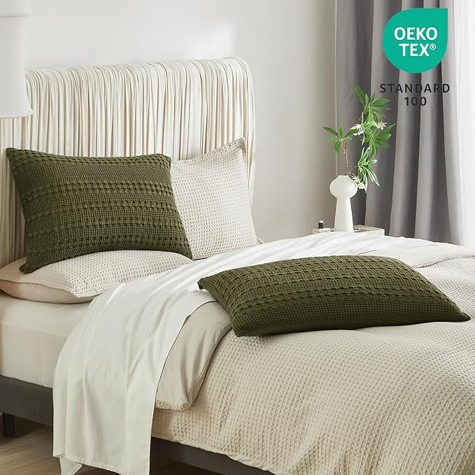 PHF 100% Cotton Waffle Pillow Shams Queen Size, 2 Pack 20" x 30" Soft Skin-Friendly Pillowcases, No Filling, Aesthetic Woven and Breathable Waffle Weave Pillow Case Covers for Bed, Capulet Olive