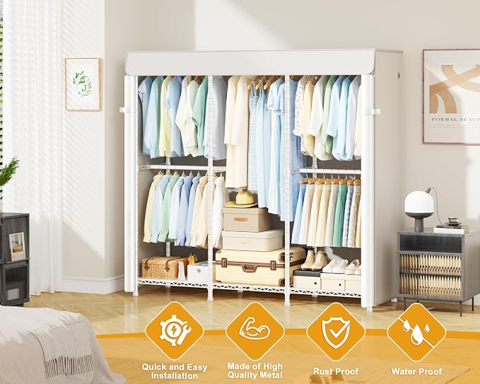 ULIFHOME E14C Heavy Duty Closet Organizer System，Freestanding Clothing Racks for Hanging Clothes，Adjustable Garment Rack 58" W × 16" D × 77" H Hold 860 lbs，White Rack with White Cover