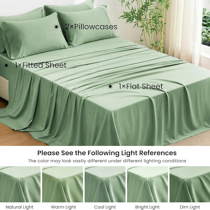 Love's cabin 4 Piece Full Size Sheet Set, 100% Rayon Derived from Bamboo, Cooling & Breathable, Soft Silky Deep Pocket up to 16", Hotel Luxury Bedding for Hot Sleepers, Sage Green