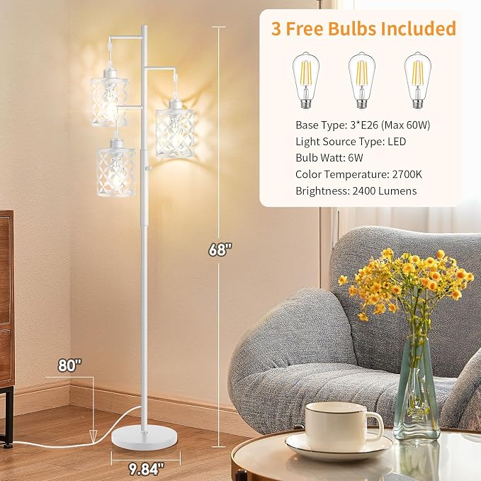 68" Industrial Tree Floor Lamp, Dimmable Farmhouse Tall Stand Light with Metal Cages & Rotary Dimmer Knob, Corner Decor Lighting for Living Room Bedroom Cafe, 3 x 800LM Bulbs Included-White
