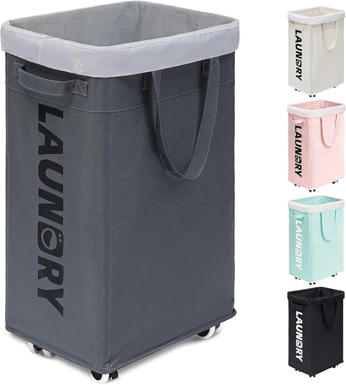 Goodpick 75L Laundry Basket with Wheels & Removable Wash Bag for Dorm | Rolling Laundry Basket with Handles for Dirty Clothes, Fodable Hamper for Laundry Room, Dorm Room Essentials, Grey