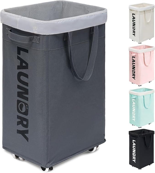 Goodpick 75L Laundry Basket with Wheels & Removable Wash Bag for Dorm | Rolling Laundry Basket with Handles for Dirty Clothes, Fodable Hamper for Laundry Room, Dorm Room Essentials, Grey