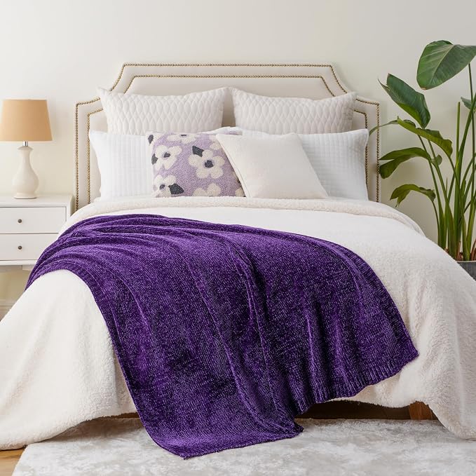 Chenille Throw Blanket for Couch Bed, Purple Knit Throw Blanket 51"x67" | Shiny Chenille Blanket, Super Soft Knitted Blankets for Sofa Home Decor