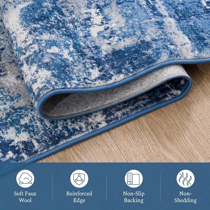 Rugflix 8x10 Area Rugs for Living Room, Washable Blue Grey Large Rug | Machine Washable; Stain-Resistant; Low Pile; Non-Slip; Modern Abstract; Carpet for Bedroom Dining Office Nursery Home