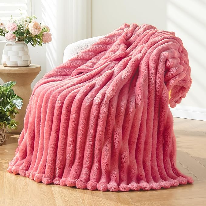 NEWCOSPLAY Fleece Ribbed Cozy Twin Blanket for Couch, Coral Pink, 60"x80" | Premium Silky Flannel Blanket, Soft Lightweight Fluffy Throw Blanket for Bed Sofa Decor, Gift for All Season Use