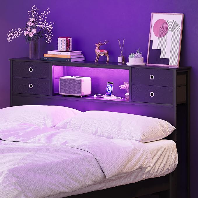 GiftGo Queen Size Headboard with 4 Fabric Storage Drawers Charging Station LED Light Adjustable Height Storage Rack Sturdy and Stable Metal Frame & Wood Shelf (Black, Queen (U.S. Standard))