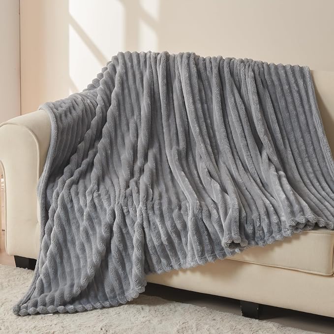 NEWCOSPLAY Fleece Ribbed Cozy Throw Blanket for Couch, Light Grey, 50"x60" | Premium Silky Flannel Blanket, Soft Lightweight Fluffy Throw Blanket for Bed Sofa Decor, Gift for All Season Use