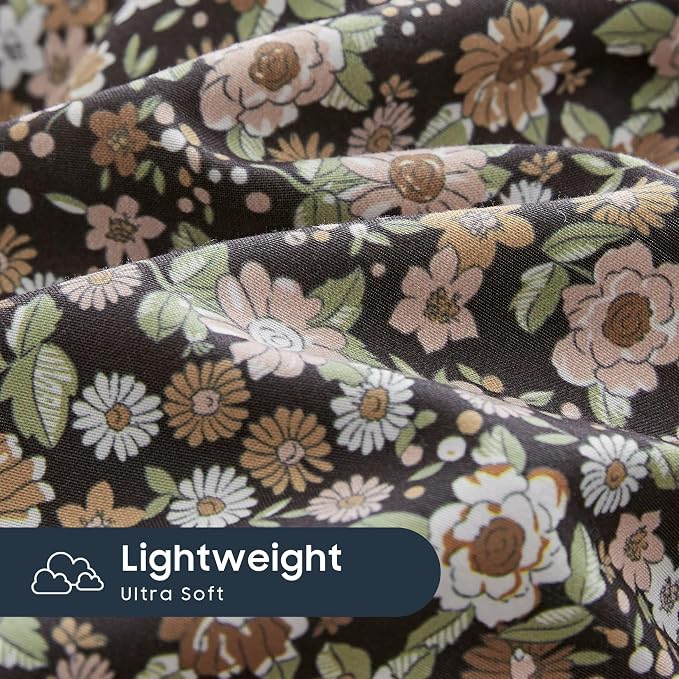 Wake In Cloud - Floral Duvet Cover Set, Cute Vintage Flower Cottagecore Aesthetic for Women Teen Girls, Soft Lightweight Bedding, 3-Piece, Black, Twin/Twin XL Size