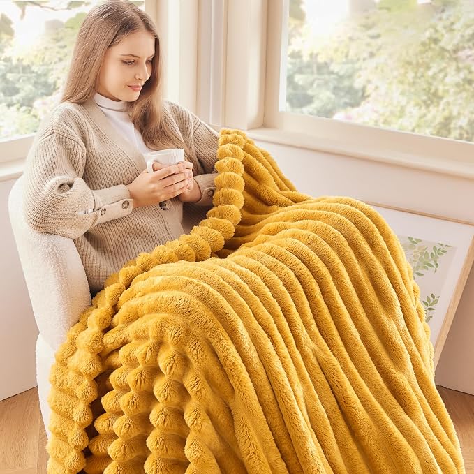 NEWCOSPLAY Fleece Ribbed Cozy Throw Blanket for Couch, Yellow, 50"x60" | Premium Silky Flannel Blanket, Soft Lightweight Fluffy Throw Blanket for Bed Sofa Decor, Gift for All Season Use