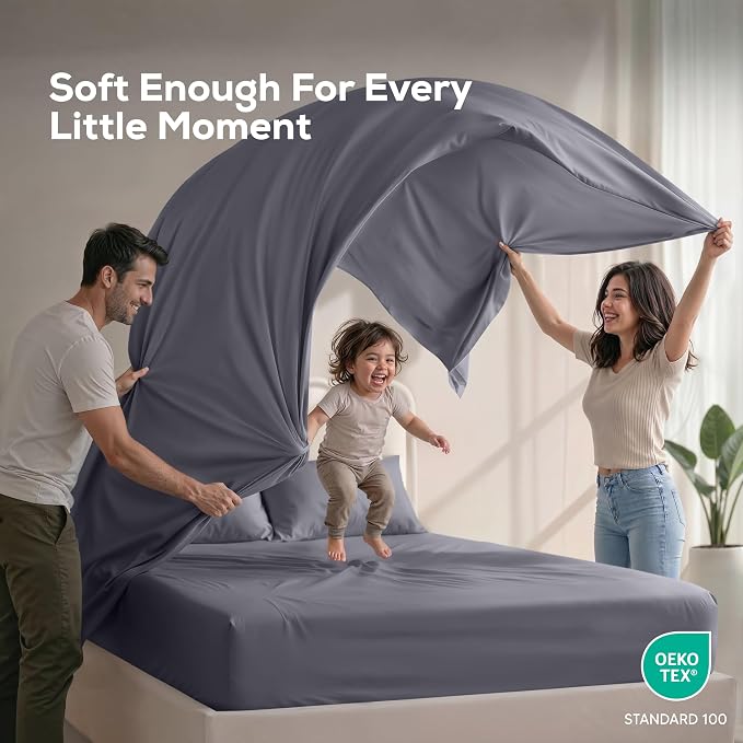 California King Sheets Set, 4 Pieces 16" Deep Pocket Bed Sheets, Grey | Extra Soft Bedsheet Set, Comfy & Breathable Cooling Sheets, Wrinkle & Fade Resistant, Fitted Sheet, Flat Sheet, 2 Pillowcases