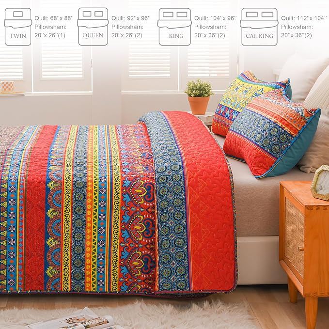 Exclusivo Mezcla Reversible Boho Quilt King Size Blue | Lightweight Soft Bedspreads, All Season Bohemian Coverlet Bedding Set, Printed Floral Pattern, 1 Quilt and 2 Pillow Shams