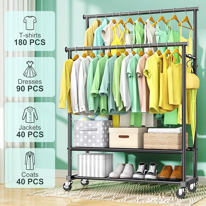 Double Rods Clothes Rack for Hanging Clothes, Heavy Duty Rolling Clothing Rack with Wheels, Freestanding Garment Racks with Oxford Bottom Shelf and Mesh Bottom Shelf for Bedroom Laundry Living Room