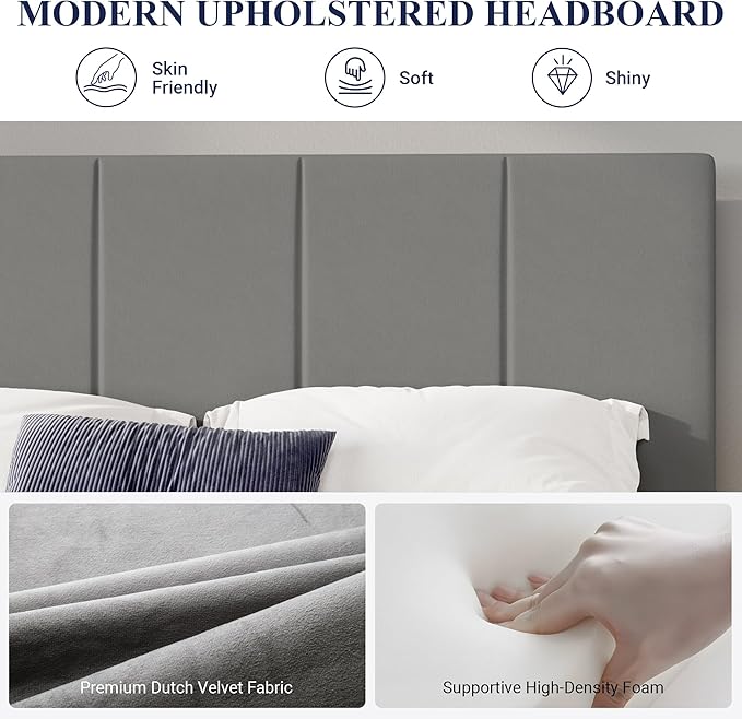 Allewie Full Size Dutch Velvet Upholstered Platform Bed Frame/Vertical Channel Tufted Adjustable Headboard/Low Profile Bed Frame/No Box Spring Needed/Easy Assembly/Grey
