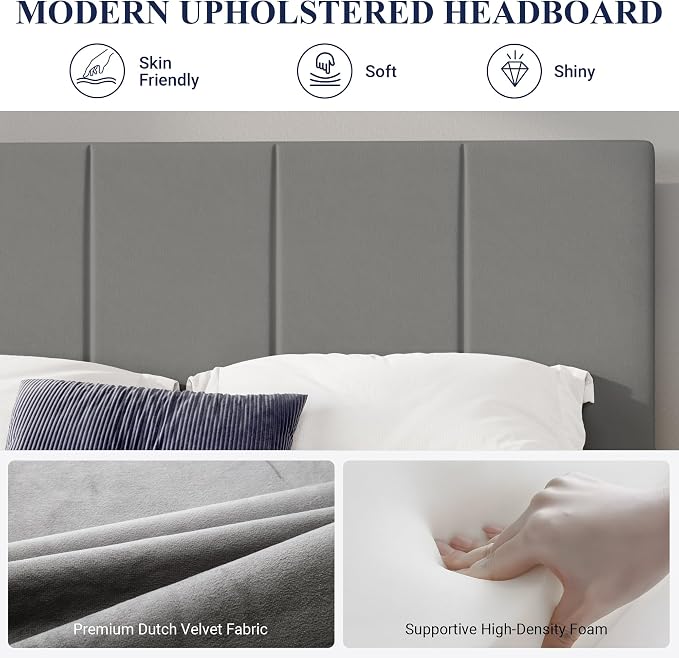 Allewie Queen Size Dutch Velvet Upholstered Platform Bed Frame/Vertical Channel Tufted Adjustable Headboard/Low Profile Bed Frame/No Box Spring Needed/Easy Assembly/Grey