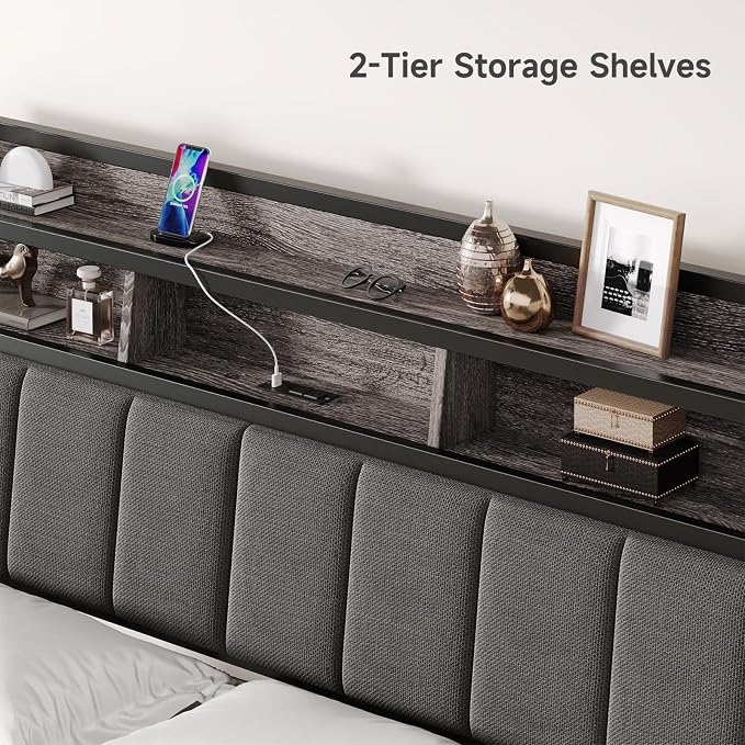 ComfyCorner Queen Size Headboard with Storage & LED Light, Black & Grey | Upholstered Ergonomic Head Board with Power Outlets & 2-Tier Storage, Queen Headboard Only, Bed Frame Mounting, Heavy Duty