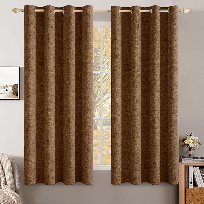 MIULEE 100% Blackout Linen Curtains for Bedroom 52x45 Inches Brown | Room Darkening, Light Blocking, Thermal Insulated, Grommet Top, Linen Textured, Fall Curtains for Living Room, 2 Panels