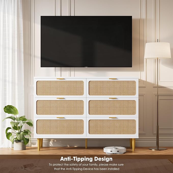 GarveeHome Rattan 6 Drawer Dressers for Bedroom, Deep Drawer, White | Tall Dresser, Wide Top, for Living Room, Hallway, Kids Room, Large Chest of Drawers for Closet, Long Wooden Dresser