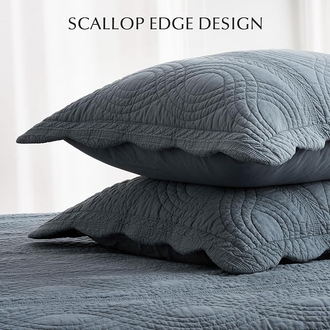 100% Cotton Scallop Quilt Set, King Size, Stormy Blue | Scalloped Border, Timeless Chic Aesthetic, All-Season Comfort, Perfect French Country Bedroom Decor, 3 Piece Set with 2 Shams