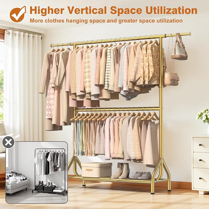 EAGMAK Double Rod Clothing Rack Load 622 LBS, Heavy Duty Clothes Rack for Hanging Clothes, 82.68 inch High Garment Rack with Sotrage Shelves, Metal Clothing Hanger Closet Wardrobe Organizer (Gold)