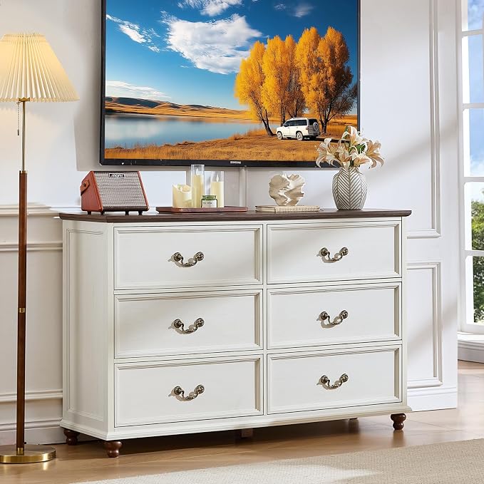 Joaxswe Farmhouse 6 Drawers Dresser for Bedroom, Vintage 54" Wide Chest of Drawers w/ 4 Wooden Legs, Rustic Large Closet Storage Dressers Organizer for Hallway, Wood TV Stand for Living Room, White