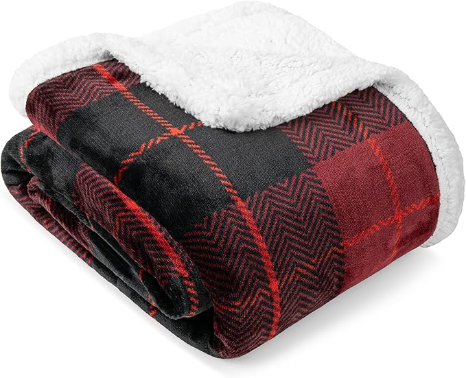 PAVILIA Twin Plaid Sherpa Throw Blanket for Couch Sofa Bed, Black Red 60x80 | GSM 460; Soft Plush Flannel Fleece; Warm&Cozy for Home; Machine Washable, Perfect Cabin Decor Winter Holiday Christmas Gift