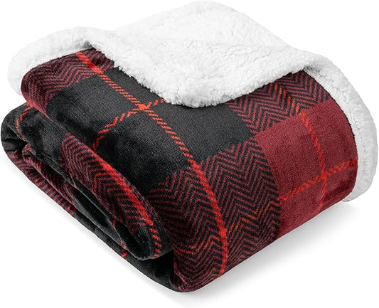 PAVILIA Twin Plaid Sherpa Throw Blanket for Couch Sofa Bed, Black Red 60x80 | GSM 460; Soft Plush Flannel Fleece; Warm&Cozy for Home; Machine Washable, Perfect Cabin Decor Winter Holiday Christmas Gift