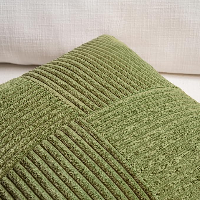 Fancy Homi 2 Packs Moss Green Lumbar Decorative Throw Pillow Covers 16x28 Inch for Living Room Couch Bed, Rustic Farmhouse Boho Home Decor, Soft Striped Corduroy Rectangle Accent Cushion Case 40x70 cm